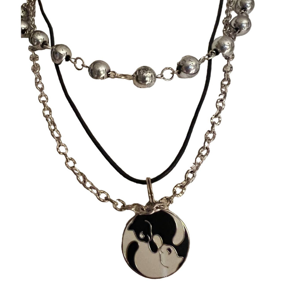 Black & White Cats Pendant 'Ying & Yang' & A Two Row Silver-Tone Necklace